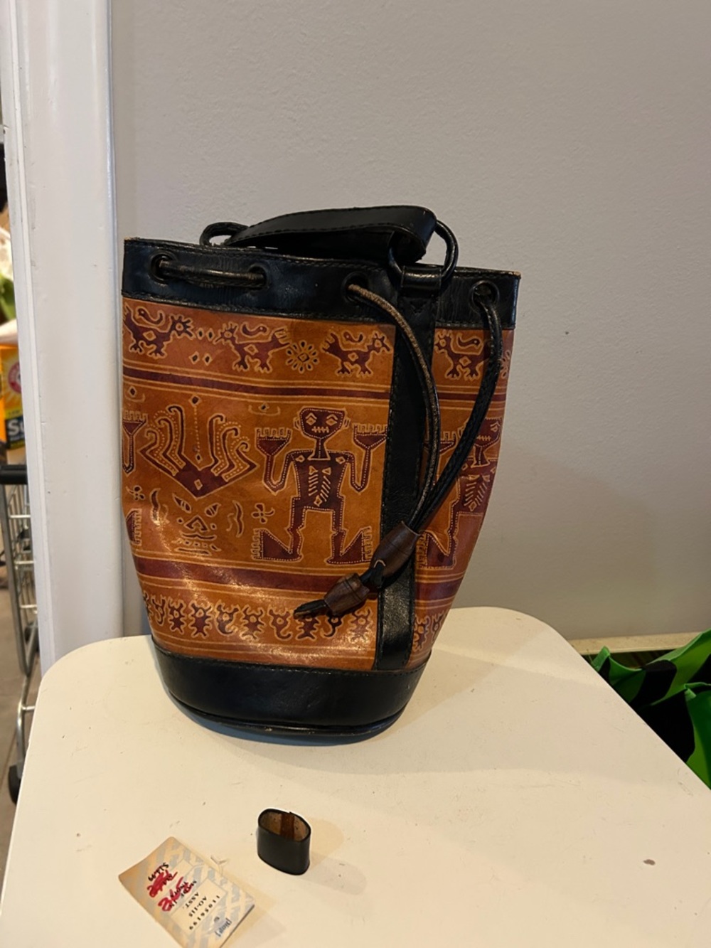 Vintage Pier 1 leather Bucket Bag with Ethnic tribal Print Indonesia